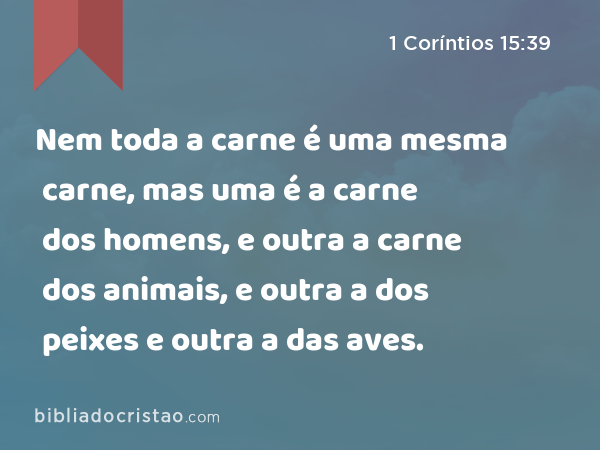 Nem toda a carne é uma mesma carne, mas uma é a carne dos homens, e outra a carne dos animais, e outra a dos peixes e outra a das aves. - 1 Coríntios 15:39