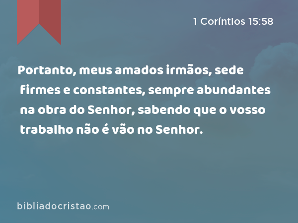 Portanto, meus amados irmãos, sede firmes e constantes, sempre abundantes na obra do Senhor, sabendo que o vosso trabalho não é vão no Senhor. - 1 Coríntios 15:58