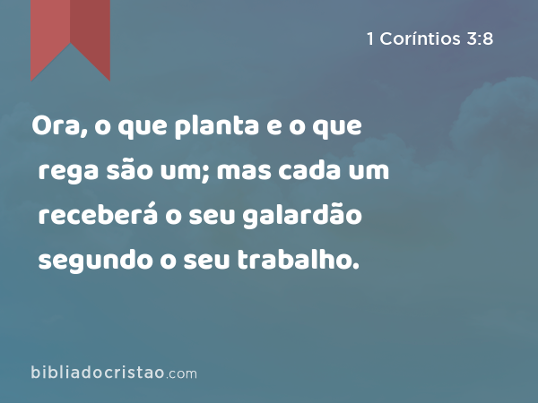 Ora, o que planta e o que rega são um; mas cada um receberá o seu galardão segundo o seu trabalho. - 1 Coríntios 3:8