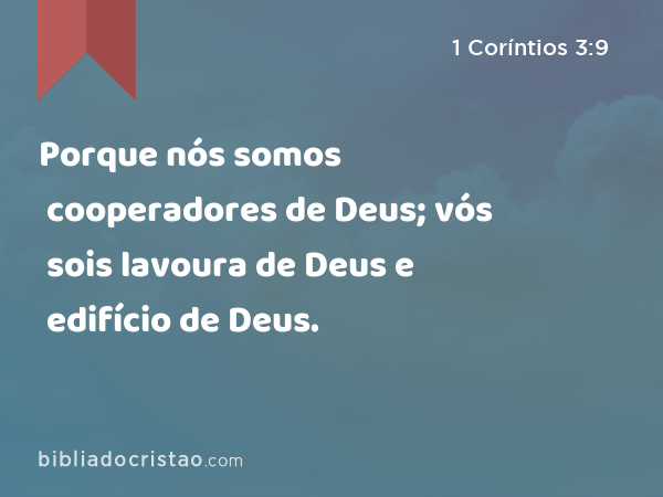 Porque nós somos cooperadores de Deus; vós sois lavoura de Deus e edifício de Deus. - 1 Coríntios 3:9