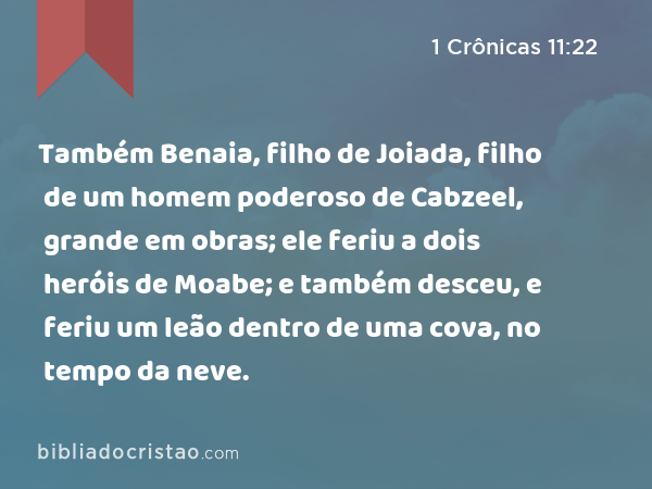 Também Benaia, filho de Joiada, filho de um homem poderoso de Cabzeel, grande em obras; ele feriu a dois heróis de Moabe; e também desceu, e feriu um leão dentro de uma cova, no tempo da neve. - 1 Crônicas 11:22