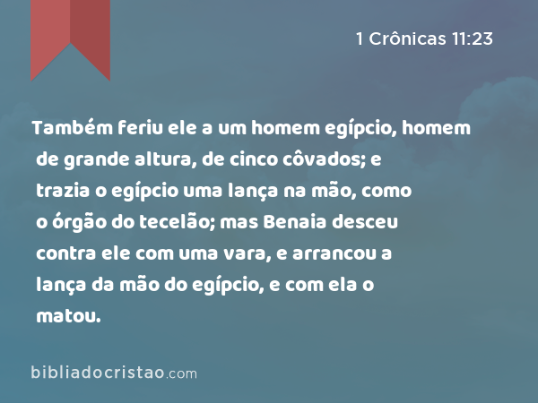 Também feriu ele a um homem egípcio, homem de grande altura, de cinco côvados; e trazia o egípcio uma lança na mão, como o órgão do tecelão; mas Benaia desceu contra ele com uma vara, e arrancou a lança da mão do egípcio, e com ela o matou. - 1 Crônicas 11:23