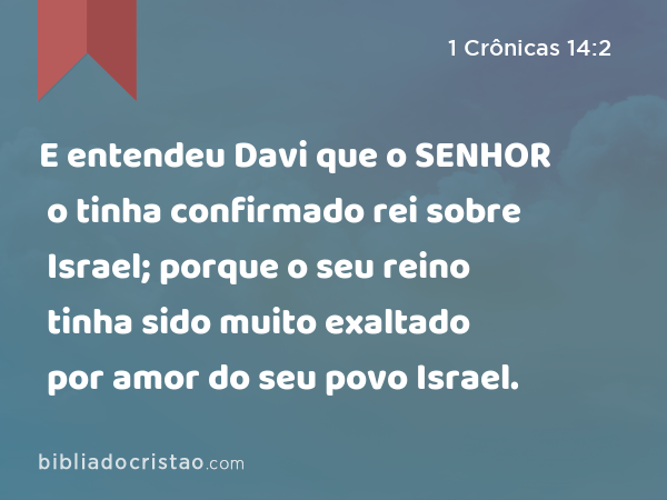 E entendeu Davi que o SENHOR o tinha confirmado rei sobre Israel; porque o seu reino tinha sido muito exaltado por amor do seu povo Israel. - 1 Crônicas 14:2