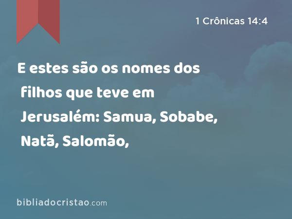 E estes são os nomes dos filhos que teve em Jerusalém: Samua, Sobabe, Natã, Salomão, - 1 Crônicas 14:4