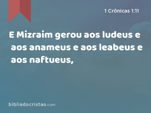 E Mizraim gerou aos ludeus e aos anameus e aos leabeus e aos naftueus, - 1 Crônicas 1:11