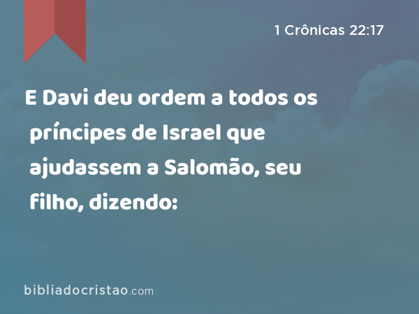 E Davi deu ordem a todos os príncipes de Israel que ajudassem a Salomão, seu filho, dizendo: - 1 Crônicas 22:17