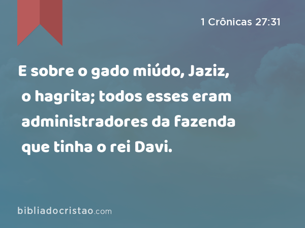 E sobre o gado miúdo, Jaziz, o hagrita; todos esses eram administradores da fazenda que tinha o rei Davi. - 1 Crônicas 27:31