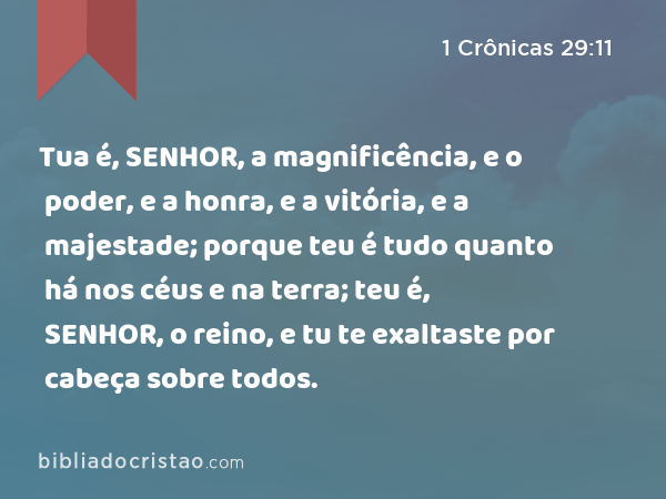 Tua é, SENHOR, a magnificência, e o poder, e a honra, e a vitória, e a majestade; porque teu é tudo quanto há nos céus e na terra; teu é, SENHOR, o reino, e tu te exaltaste por cabeça sobre todos. - 1 Crônicas 29:11