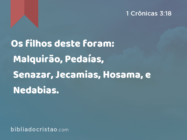 Os filhos deste foram: Malquirão, Pedaías, Senazar, Jecamias, Hosama, e Nedabias. - 1 Crônicas 3:18