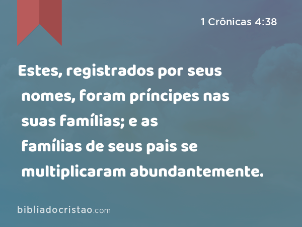 Estes, registrados por seus nomes, foram príncipes nas suas famílias; e as famílias de seus pais se multiplicaram abundantemente. - 1 Crônicas 4:38