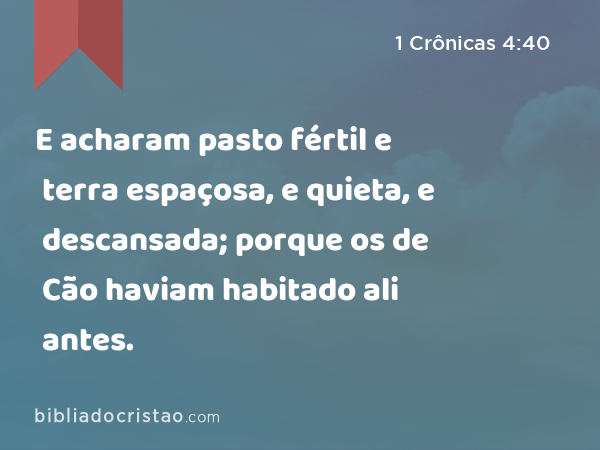 E acharam pasto fértil e terra espaçosa, e quieta, e descansada; porque os de Cão haviam habitado ali antes. - 1 Crônicas 4:40