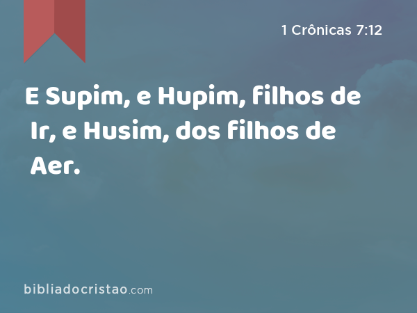 E Supim, e Hupim, filhos de Ir, e Husim, dos filhos de Aer. - 1 Crônicas 7:12