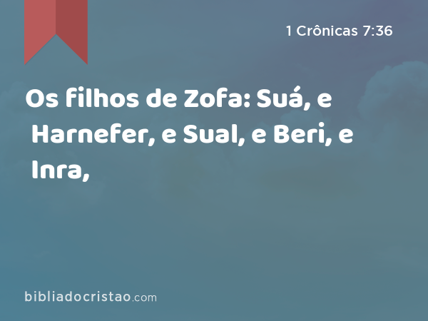 Os filhos de Zofa: Suá, e Harnefer, e Sual, e Beri, e Inra, - 1 Crônicas 7:36