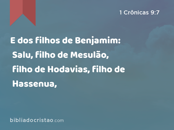 E dos filhos de Benjamim: Salu, filho de Mesulão, filho de Hodavias, filho de Hassenua, - 1 Crônicas 9:7