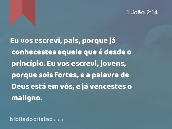 Eu vos escrevi, pais, porque já conhecestes aquele que é desde o princípio. Eu vos escrevi, jovens, porque sois fortes, e a palavra de Deus está em vós, e já vencestes o maligno. - 1 João 2:14