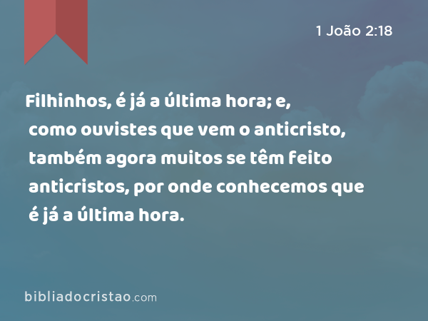 Filhinhos, é já a última hora; e, como ouvistes que vem o anticristo, também agora muitos se têm feito anticristos, por onde conhecemos que é já a última hora. - 1 João 2:18