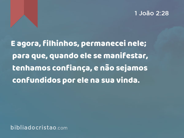 E agora, filhinhos, permanecei nele; para que, quando ele se manifestar, tenhamos confiança, e não sejamos confundidos por ele na sua vinda. - 1 João 2:28