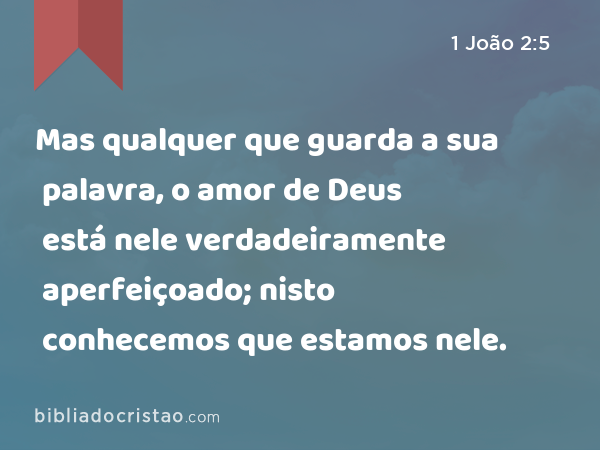 Mas qualquer que guarda a sua palavra, o amor de Deus está nele verdadeiramente aperfeiçoado; nisto conhecemos que estamos nele. - 1 João 2:5