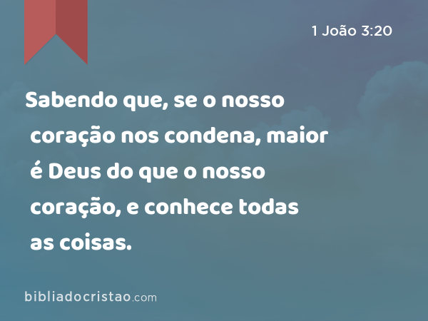 Sabendo que, se o nosso coração nos condena, maior é Deus do que o nosso coração, e conhece todas as coisas. - 1 João 3:20