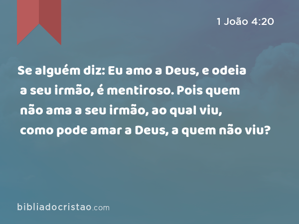 Se alguém diz: Eu amo a Deus, e odeia a seu irmão, é mentiroso. Pois quem não ama a seu irmão, ao qual viu, como pode amar a Deus, a quem não viu? - 1 João 4:20