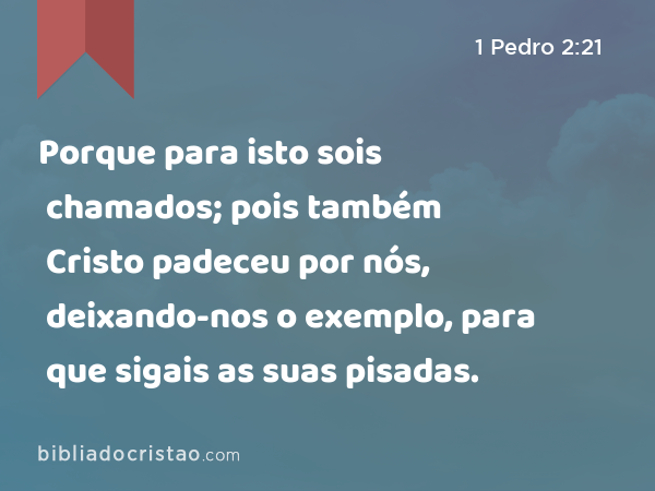 Porque para isto sois chamados; pois também Cristo padeceu por nós, deixando-nos o exemplo, para que sigais as suas pisadas. - 1 Pedro 2:21