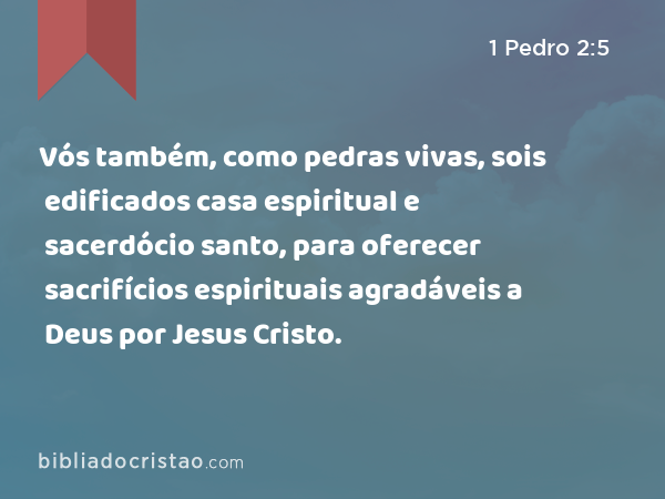 Vós também, como pedras vivas, sois edificados casa espiritual e sacerdócio santo, para oferecer sacrifícios espirituais agradáveis a Deus por Jesus Cristo. - 1 Pedro 2:5