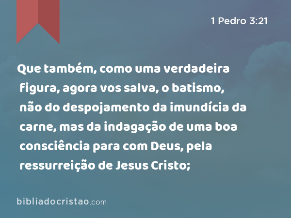 Que também, como uma verdadeira figura, agora vos salva, o batismo, não do despojamento da imundícia da carne, mas da indagação de uma boa consciência para com Deus, pela ressurreição de Jesus Cristo; - 1 Pedro 3:21