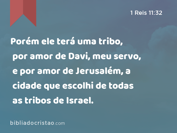 Porém ele terá uma tribo, por amor de Davi, meu servo, e por amor de Jerusalém, a cidade que escolhi de todas as tribos de Israel. - 1 Reis 11:32