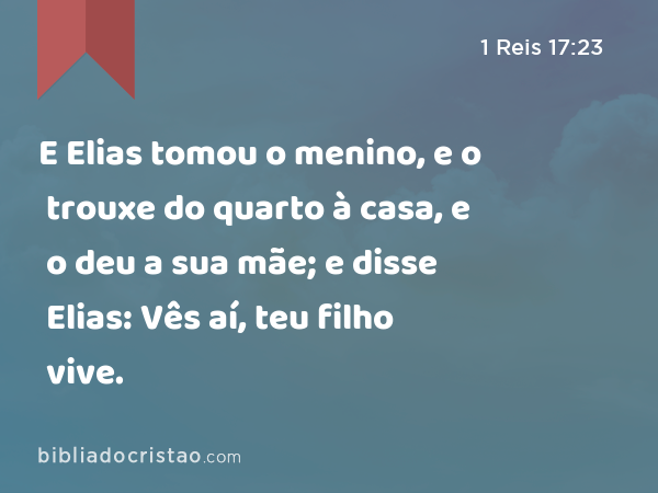 E Elias tomou o menino, e o trouxe do quarto à casa, e o deu a sua mãe; e disse Elias: Vês aí, teu filho vive. - 1 Reis 17:23