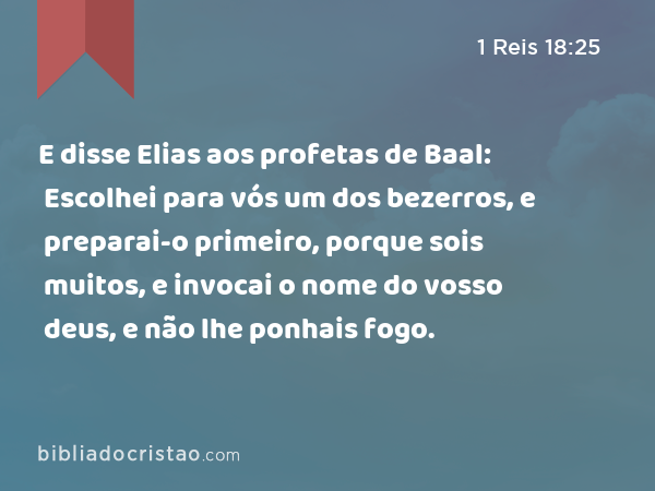 E disse Elias aos profetas de Baal: Escolhei para vós um dos bezerros, e preparai-o primeiro, porque sois muitos, e invocai o nome do vosso deus, e não lhe ponhais fogo. - 1 Reis 18:25