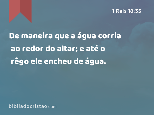 De maneira que a água corria ao redor do altar; e até o rêgo ele encheu de água. - 1 Reis 18:35