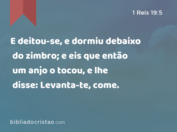 E deitou-se, e dormiu debaixo do zimbro; e eis que então um anjo o tocou, e lhe disse: Levanta-te, come. - 1 Reis 19:5