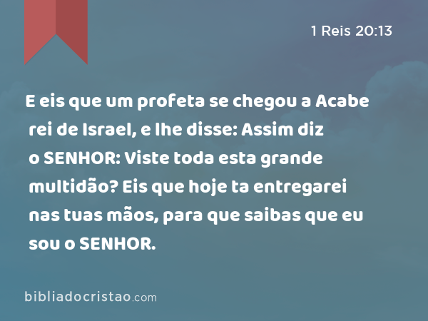 E eis que um profeta se chegou a Acabe rei de Israel, e lhe disse: Assim diz o SENHOR: Viste toda esta grande multidão? Eis que hoje ta entregarei nas tuas mãos, para que saibas que eu sou o SENHOR. - 1 Reis 20:13