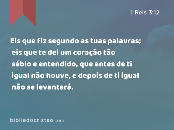 Eis que fiz segundo as tuas palavras; eis que te dei um coração tão sábio e entendido, que antes de ti igual não houve, e depois de ti igual não se levantará. - 1 Reis 3:12