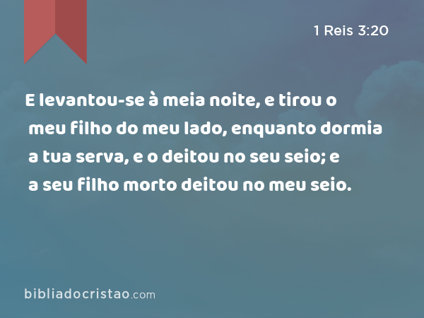 E levantou-se à meia noite, e tirou o meu filho do meu lado, enquanto dormia a tua serva, e o deitou no seu seio; e a seu filho morto deitou no meu seio. - 1 Reis 3:20