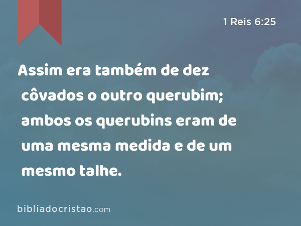 Assim era também de dez côvados o outro querubim; ambos os querubins eram de uma mesma medida e de um mesmo talhe. - 1 Reis 6:25