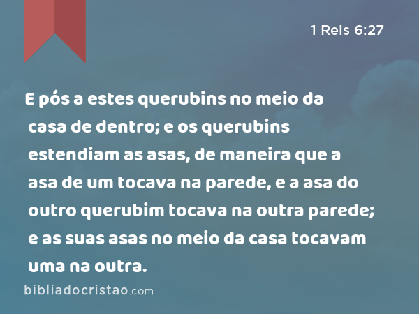 E pós a estes querubins no meio da casa de dentro; e os querubins estendiam as asas, de maneira que a asa de um tocava na parede, e a asa do outro querubim tocava na outra parede; e as suas asas no meio da casa tocavam uma na outra. - 1 Reis 6:27