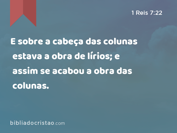 E sobre a cabeça das colunas estava a obra de lírios; e assim se acabou a obra das colunas. - 1 Reis 7:22