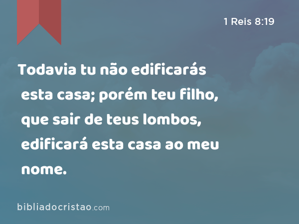 Todavia tu não edificarás esta casa; porém teu filho, que sair de teus lombos, edificará esta casa ao meu nome. - 1 Reis 8:19