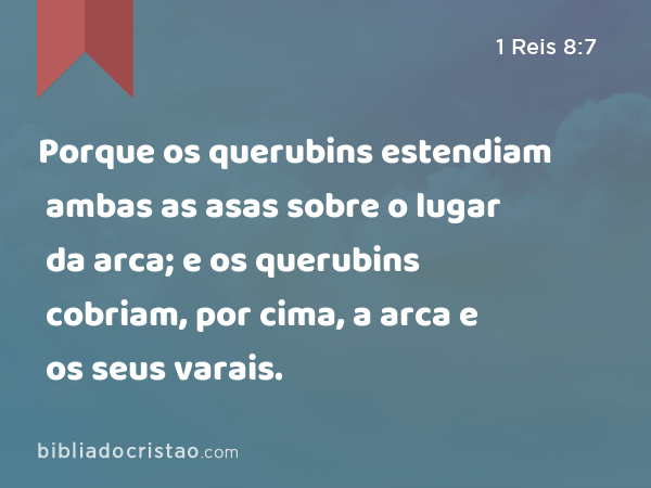 Porque os querubins estendiam ambas as asas sobre o lugar da arca; e os querubins cobriam, por cima, a arca e os seus varais. - 1 Reis 8:7