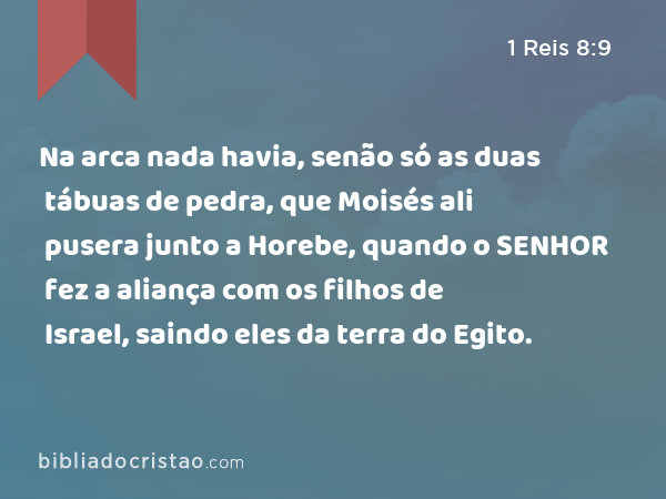 Na arca nada havia, senão só as duas tábuas de pedra, que Moisés ali pusera junto a Horebe, quando o SENHOR fez a aliança com os filhos de Israel, saindo eles da terra do Egito. - 1 Reis 8:9