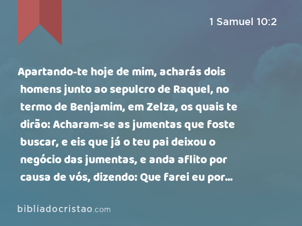 Apartando-te hoje de mim, acharás dois homens junto ao sepulcro de Raquel, no termo de Benjamim, em Zelza, os quais te dirão: Acharam-se as jumentas que foste buscar, e eis que já o teu pai deixou o negócio das jumentas, e anda aflito por causa de vós, dizendo: Que farei eu por meu filho? - 1 Samuel 10:2