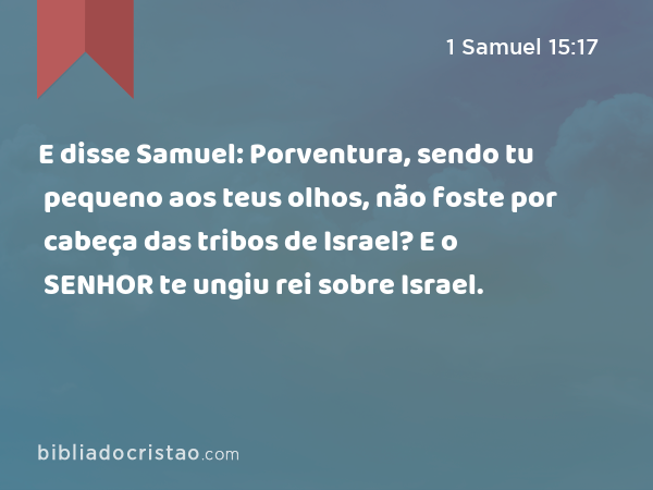 E disse Samuel: Porventura, sendo tu pequeno aos teus olhos, não foste por cabeça das tribos de Israel? E o SENHOR te ungiu rei sobre Israel. - 1 Samuel 15:17