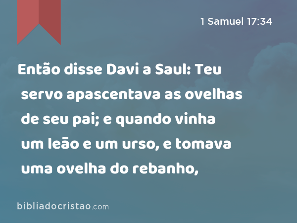 Então disse Davi a Saul: Teu servo apascentava as ovelhas de seu pai; e quando vinha um leão e um urso, e tomava uma ovelha do rebanho, - 1 Samuel 17:34