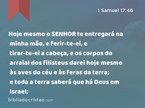 Hoje mesmo o SENHOR te entregará na minha mão, e ferir-te-ei, e tirar-te-ei a cabeça, e os corpos do arraial dos filisteus darei hoje mesmo às aves do céu e às feras da terra; e toda a terra saberá que há Deus em Israel; - 1 Samuel 17:46