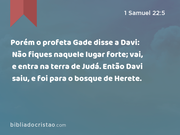 Porém o profeta Gade disse a Davi: Não fiques naquele lugar forte; vai, e entra na terra de Judá. Então Davi saiu, e foi para o bosque de Herete. - 1 Samuel 22:5