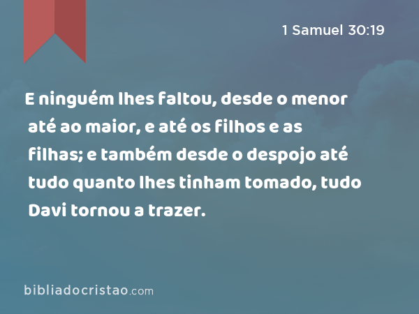 E ninguém lhes faltou, desde o menor até ao maior, e até os filhos e as filhas; e também desde o despojo até tudo quanto lhes tinham tomado, tudo Davi tornou a trazer. - 1 Samuel 30:19