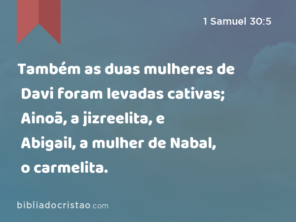 Também as duas mulheres de Davi foram levadas cativas; Ainoã, a jizreelita, e Abigail, a mulher de Nabal, o carmelita. - 1 Samuel 30:5