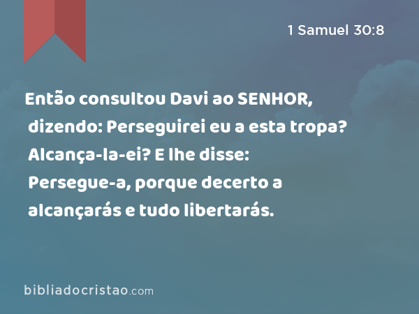 Então consultou Davi ao SENHOR, dizendo: Perseguirei eu a esta tropa? Alcança-la-ei? E lhe disse: Persegue-a, porque decerto a alcançarás e tudo libertarás. - 1 Samuel 30:8