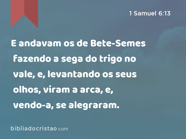 E andavam os de Bete-Semes fazendo a sega do trigo no vale, e, levantando os seus olhos, viram a arca, e, vendo-a, se alegraram. - 1 Samuel 6:13